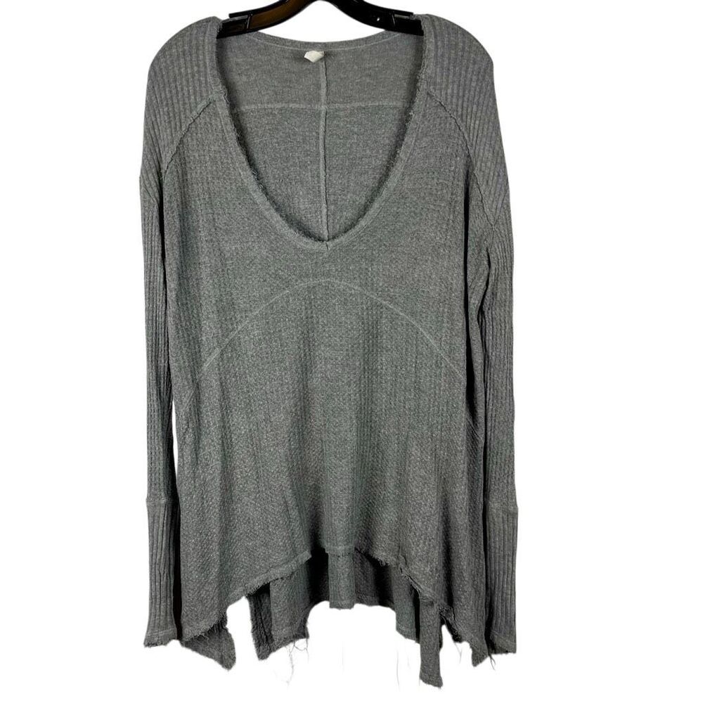 Free People Waffle Knit Thermal Distressed Drippy Asymmetrical Long Sleeve Top S